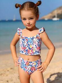 Young Girls Floral Print Bikini, Family Matching Outfits Mommy And Me (4 Pieces Sold Separately) - Blue - View 4