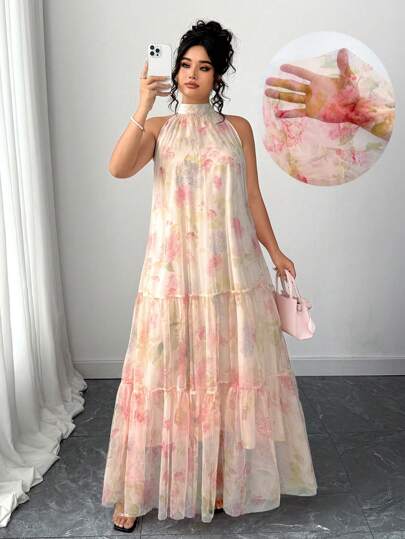 Elenzga Plus Size Women Elegant Woven Sleeveless Floral Print Chiffon Dress