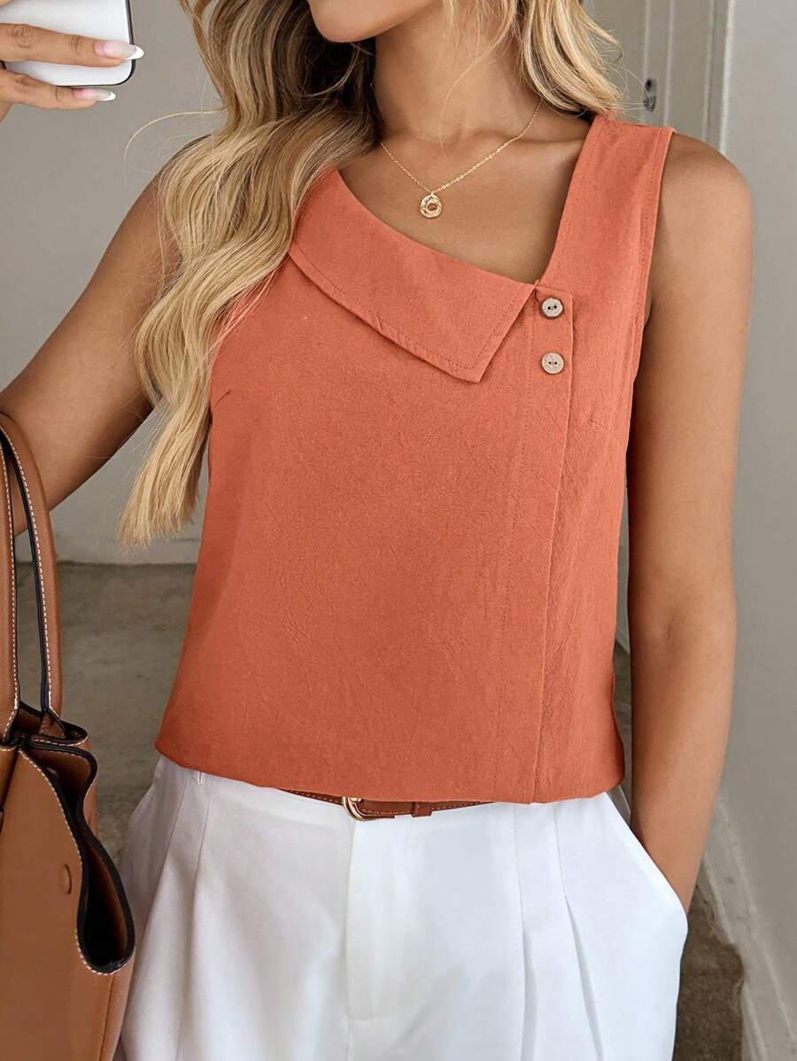 Easowa Solid Button Detail Asymmetrical Neck Sleeveless Blouse - Redwood - View 1