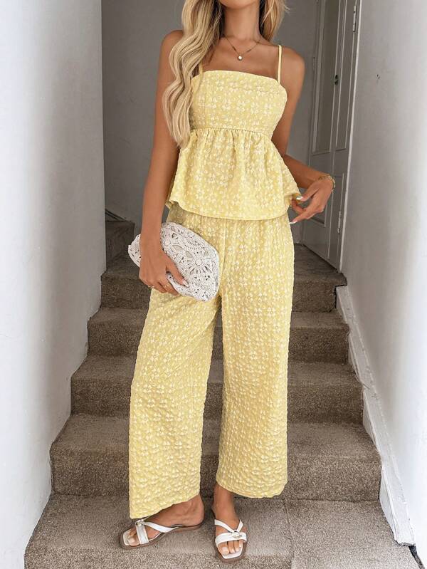 Easowa Conjunto de 2 piezas de camisola y pantalón de cintura elástica con estampado floral diminuto en amarillo, vestido de verano de color amarillo mantequilla con limón, ropa de Hawái para mujeres, conjunto de dos piezas de verano europeo para vacaciones