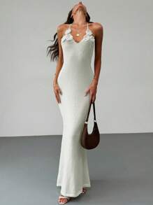 Aloruh Apricot Color Bandage Backless Floral Summer Knitted Bodycon Dress For Romantic Date Or Vacation