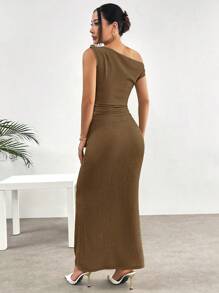 SHEIN EZwear Summer Jacquard Knit Metal Buckle Decor Oblique Shoulder Long Dress - Brown - View 2