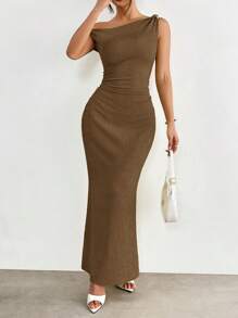 SHEIN EZwear Summer Jacquard Knit Metal Buckle Decor Oblique Shoulder Long Dress - Brown - View 3