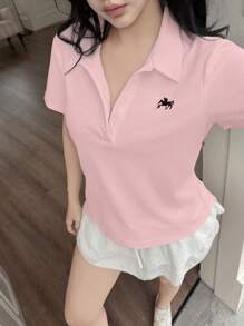 Jouncy 女式夏季骑士刺绣短袖休闲 Polo T 恤 - 粉色 - 查看 1