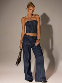 SHEIN Forever 21 Summer New Strapless Striped Denim Crop Top, Sexy High Street Style For Ladies - Dark Wash - View 6