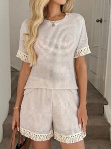 Easowa 素色流蘇邊T恤和短褲 - 杏色 - 查看 4