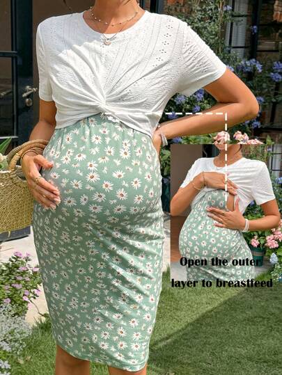 SHEIN Women's Maternity Daisy Print Twist Front Open Casual Vacation Nursing Dress Bandage Dress