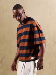 SUMWON Boxy Fit Retro Sọc Tay Ngắn Thường Ngày Mùa Hè Phong Cách Đường Phố Cổ Tròn Thiết Yếu Cổ Điển Đương Đại Đô Thị Cơ Bản - Cà phê nâu - Xem 1