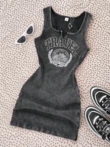 SHEIN Teen Girls' Street, American, Casual, Sports, Back To School Season, English Letter Print Knitted Elastic Fitted Snug Fit Dress Grunge Dress Travel Dress Ribbed Tank Dress Graphic Dress Acid Wash Dress - Multicolor - View 1