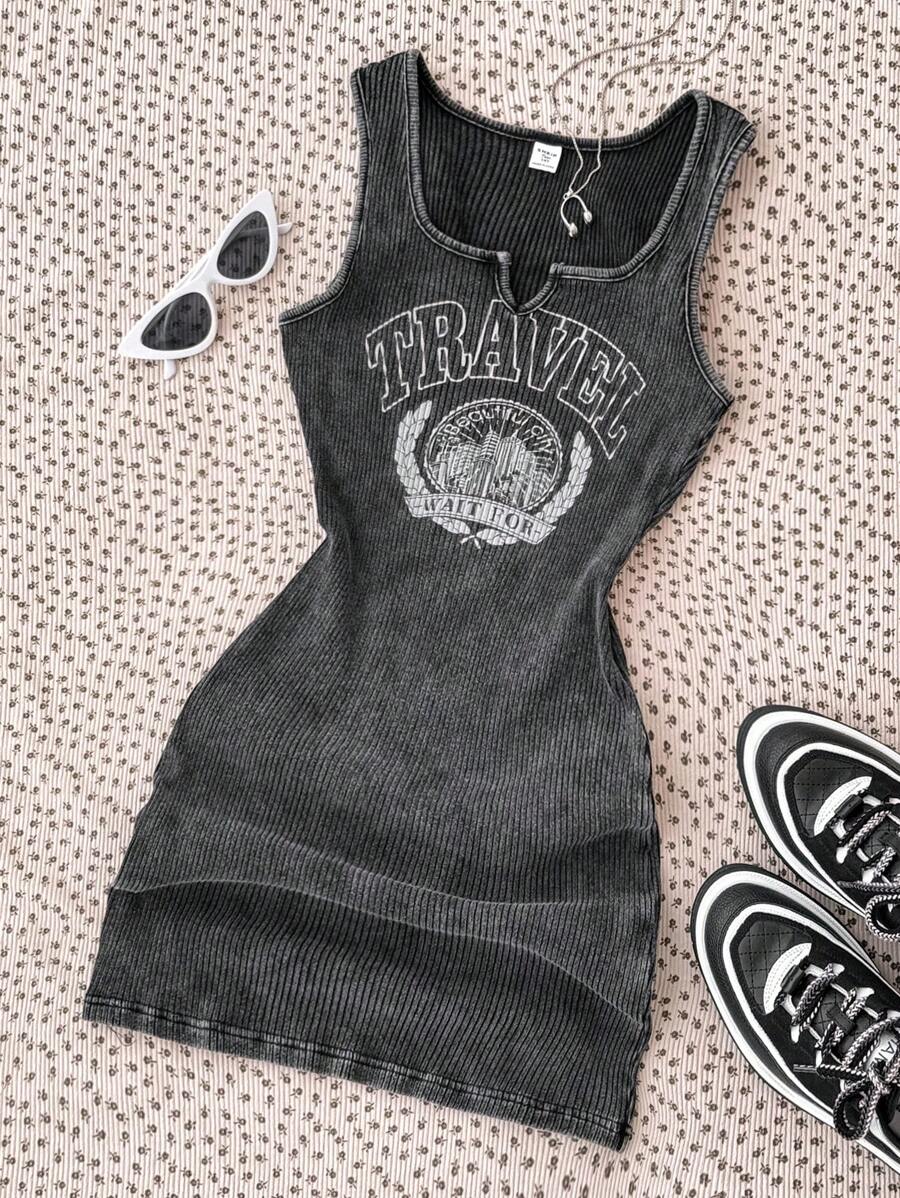 SHEIN Teen Girls' Street, American, Casual, Sports, Back To School Season, English Letter Print Knitted Elastic Fitted Snug Fit Dress Grunge Dress Travel Dress Ribbed Tank Dress Graphic Dress Acid Wash Dress - Multicolor - View 1