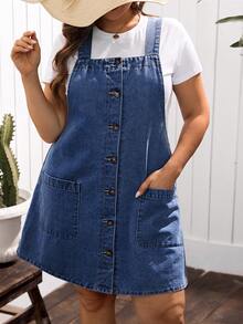 EMERY ROSE Plus Size Women Single Breasted Double Pocket Casual Denim Bib Overall Dress - Dark Wash - View 1