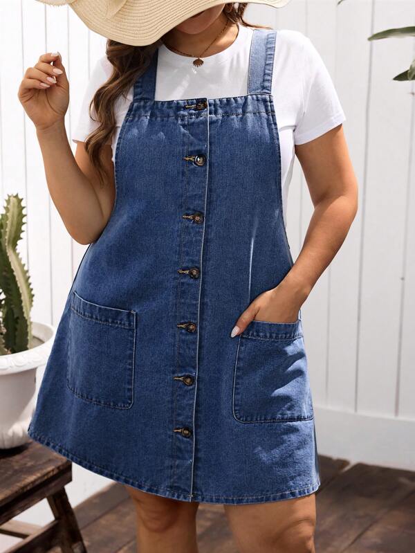 EMERY ROSE Plus Size Women Single Breasted Double Pocket Casual Denim Bib Overall Dress