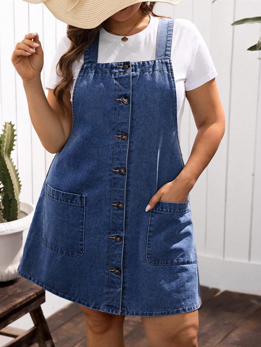 EMERY ROSE Plus Size Women Single Breasted Double Pocket Casual Denim Bib Overall Dress - Dark Wash - View 1