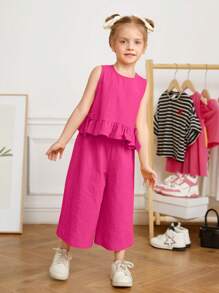 SHEIN 2 件装少女梭织纯色圆领荷叶边宽松背心和梭织宽松休闲裤套装 - 玫紅色 - 查看 3