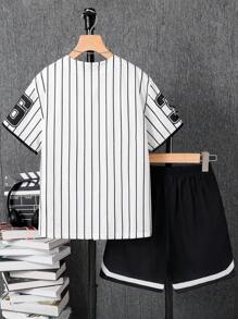 Bộ 2 bộ quần áo thể thao in chữ và số cho bé trai tuổi teen, thích hợp mặc đi học, hàng ngày, hoạt động ngoài trời, mùa hè - Nhiều màu - Xem 2