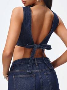 Jeanoix 女士性感露背蝴蝶结牛仔短款上衣，夏季