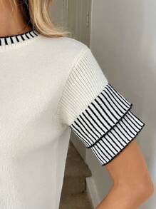 Easowa Women's Stripe Contrast Trim Knit Blouse With Short Sleeve,Knitted Sweater - Multicolor - View 3