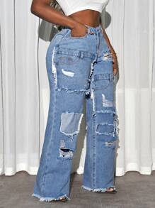 Slaydiva 大码女式口袋破洞阔腿宽松休闲牛仔裤 - 藍色 - 查看 4