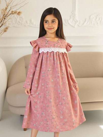 SHEIN Tween Girl Ditsy 花卉圆领荷叶边宽松休闲睡袍，斋月假期在家放松