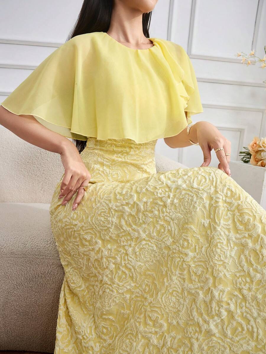 Modelyn 女士优雅浪漫提花中长修身连衣裙，适合日常穿着 - 黃色 - 查看 1