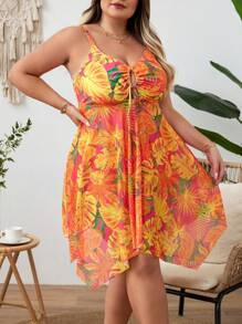 SHEIN CURVE+ Plus Size Leaf Gradient Print Modest Swimdress 2 Pieces Swimsuit For Summer Beach Vacation