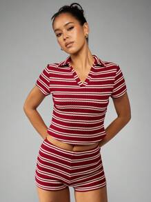 MISSGUIDED Striped Polo Coord Set Summer Leisure Ribbed Beach Resort Outfit High Waist Lounge Set Spring Holiday Casual Set