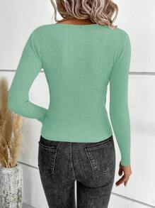 EURMUSE Women Solid Color Overlap V-Neck Long Sleeve Slim Fit Sweater For Autumn/Winter - Mint Green - View 2