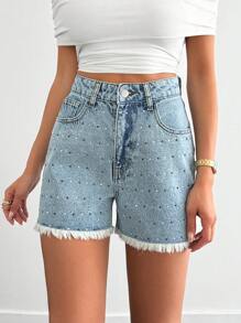 SHEIN SHORT DE MEZCLILLA DE TALLE ALTO CASUAL AZUL CON PIEDRAS
