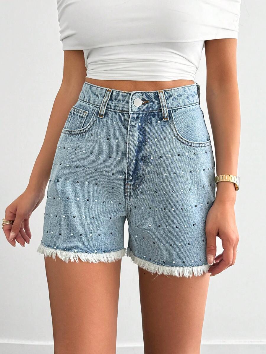 SHEIN SHORT DE MEZCLILLA DE TALLE ALTO CASUAL AZUL CON PIEDRAS