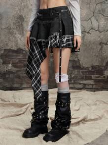 ROMWE Gothic Patchwork Plaid Asymmetric Hem Denim Mini Skirt - Multicolor - View 3