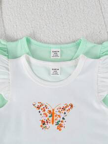 2件套女婴休闲可爱碎花印花荷叶袖上衣和舒适短袖套装，夏季 - 彩色 - 查看 3