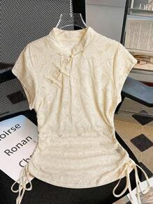 Elenzga New Chinese Style Stand Collar Lace Short Sleeve T-Shirt Women, Cinched Waist Short Retro Button Decor Tops, Summer