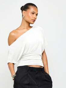 AiiRZ Blusa relajada con hombros descubiertos, manga murciélago o dolman, estilo drapeado, para uso casual los fines de semana en primavera y verano