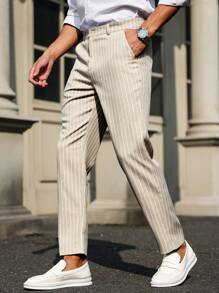Calvornis 男士直筒宽松休闲西装裤，带口袋，条纹设计，男士裤子，男士西装裤 - 杏色 - 查看 5