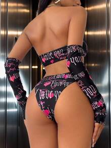 Swim EVENT 4pcs/Set Women's Festival Bikini Set, Includes: Convertible Heart & Letter Print Bandeau Top, Triangle Bottoms, Mini Skirt, And Fingerless Gloves, Suitable For Party & Swim