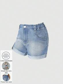 Short vaquero elástico con dobladillo enrollado para uso diario, cómodo y versátil, para niñas adolescentes