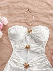 Soleia 性感 V 领镂空和金属花卉装饰修身连体裤，白色纹理面料，非常适合节日、约会、下午茶、度假、音乐节、波西米亚风、游轮、海滩、夏季 - 米色 - 查看 7