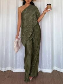 Elenzga Summer Fashion Solid Color One Shoulder Top And Pants Set - Army Green - View 5