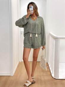 SHEIN Frenchy 女式纯色系带落肩衬衫和短裤两件套 - 綠色 - 查看 6