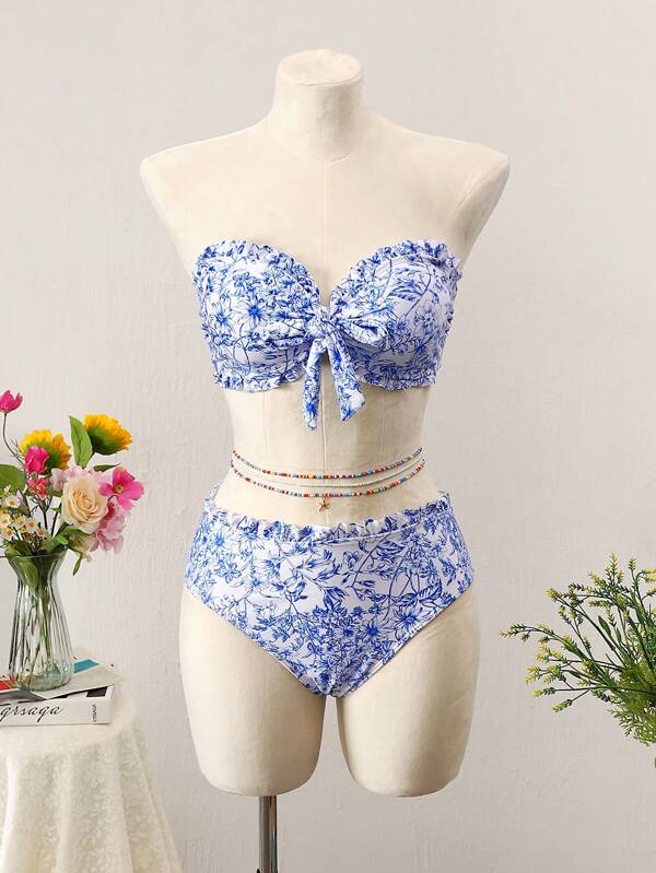 Swim Mod 2pcs/Set Women Vintage Floral Print Ruffled Bandeau Bikini Set, Fashion Retro Sweet Beach Holiday Swimwear