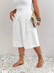 EMERY ROSE 2 件优雅通勤休闲时尚百搭舒适面料松紧腰带细节口袋设计短裤，黑白，加大码 - 黑與白 - 查看 6