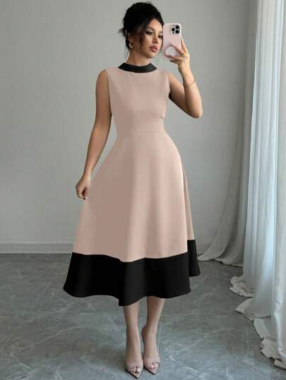 Elenzga Đầm nữ thời trang thanh lịch đi làm thường ngày thoải mái quyến rũ ngày lễ không tay có dây rút eo chữ A cổ chữ V hở lưng có viền