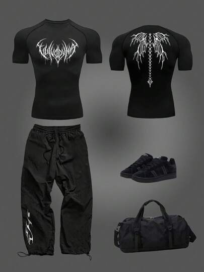 Manfinity Sport Corelite 2pcs Men Graphic Printed Raglan Sleeve T-Shirt And Pants Sports Suit Set Workout Clothes Running Sets Workout Set Gym Top Fall Breathable Gym Set Workout Set