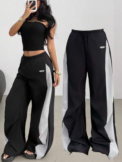 SHEIN Pantalones de paracaídas con bloques de color para conciertos y uso casual de primavera y verano para adolescentes