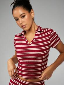MISSGUIDED Striped Polo Coord Set Summer Leisure Ribbed Beach Resort Outfit High Waist Lounge Set Spring Holiday Casual Set