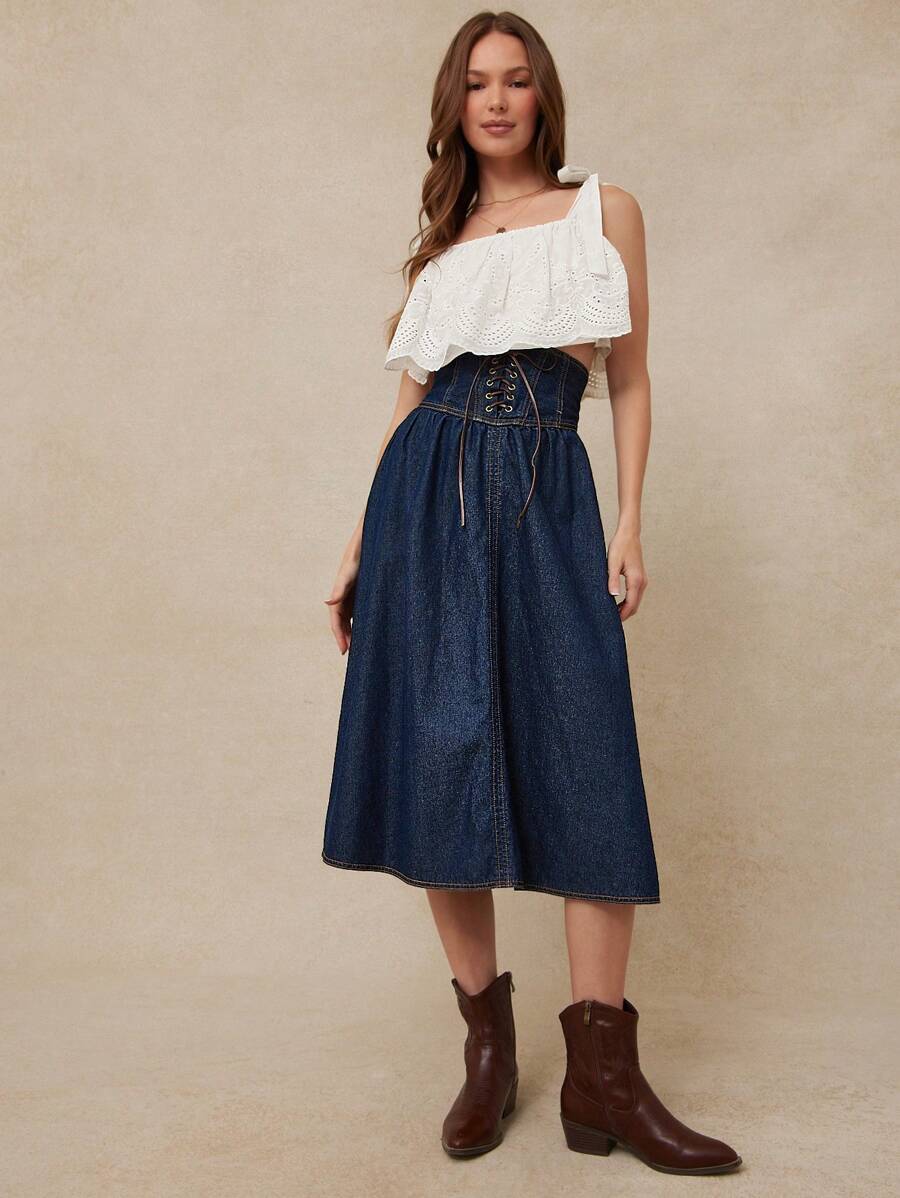 WESTFADE 西部系带低腰修身喇叭棉混纺牛仔中长裙夏季海滩度假 - 深色水洗藍 - 查看 1