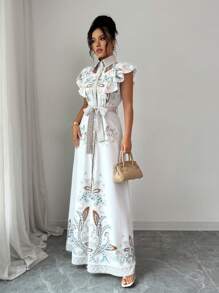 Chiquease 女式优雅复古花卉印花无袖系带长裙 - 彩色 - 查看 6