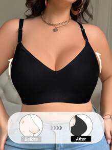 SHEIN Áo ngực liền mạch cỡ lớn cho nữ, áo ngực cổ chữ V nâng ngực không dây, vải gân thông thường, mềm mại và thoải mái, nâng ngực - màu đen - Xem 3