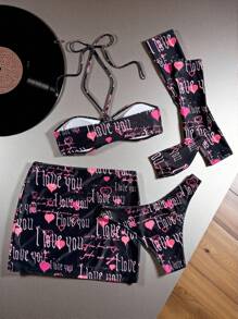 Swim EVENT 4pcs/Set Women's Festival Bikini Set, Includes: Convertible Heart & Letter Print Bandeau Top, Triangle Bottoms, Mini Skirt, And Fingerless Gloves, Suitable For Party & Swim