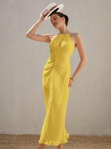 Aveloria Rosie 2025 Spring/Summer White Textured Elegant Sensual Spaghetti Strap Hollow-Out Ruched Waist Vacation Sleeveless Dress